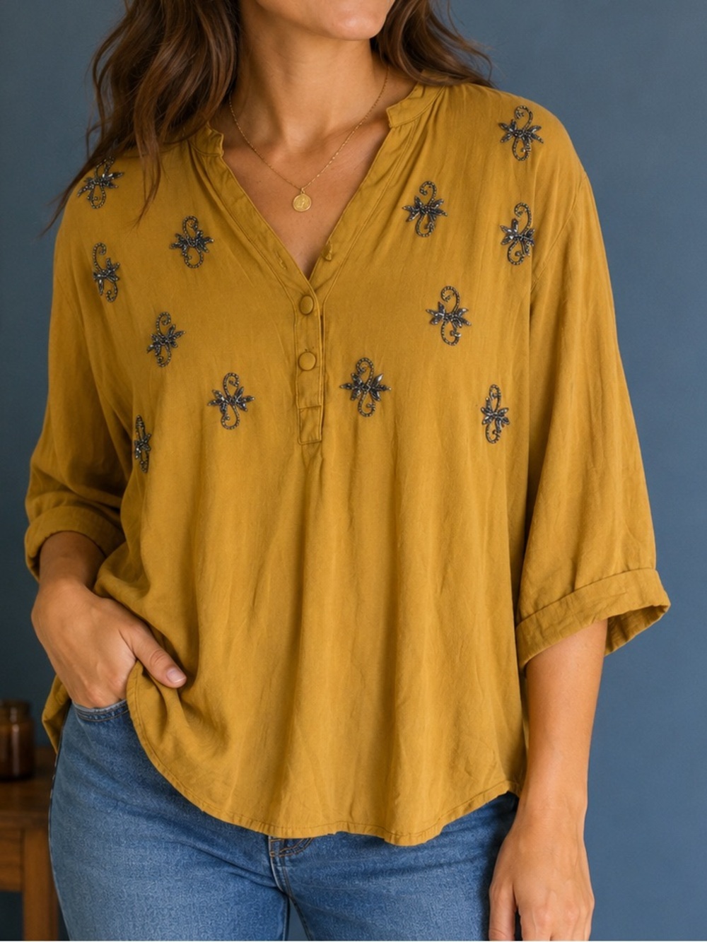 ANLIER Mustard Beaded Embellished Tunic Blouse Top XL Boho 3/4 Sleeve
